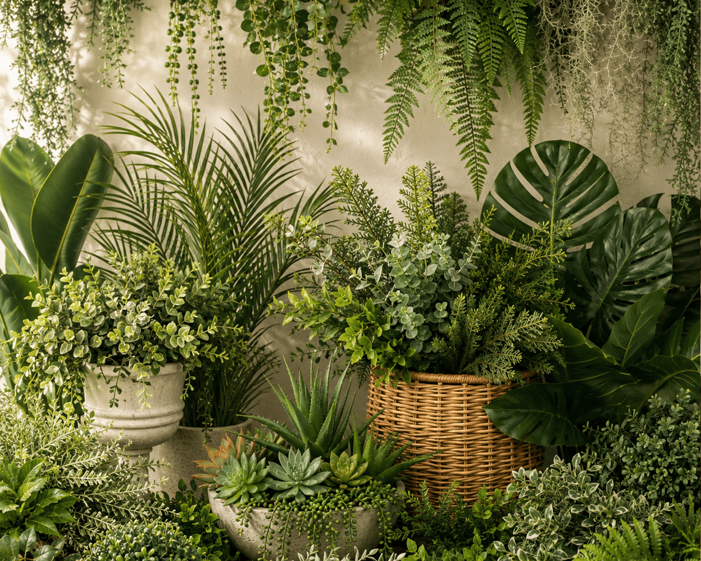Artificial greenery and indoor plants for home decoration