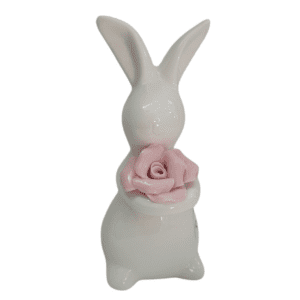 ceramic bunny with pink rose 6x8x12cm