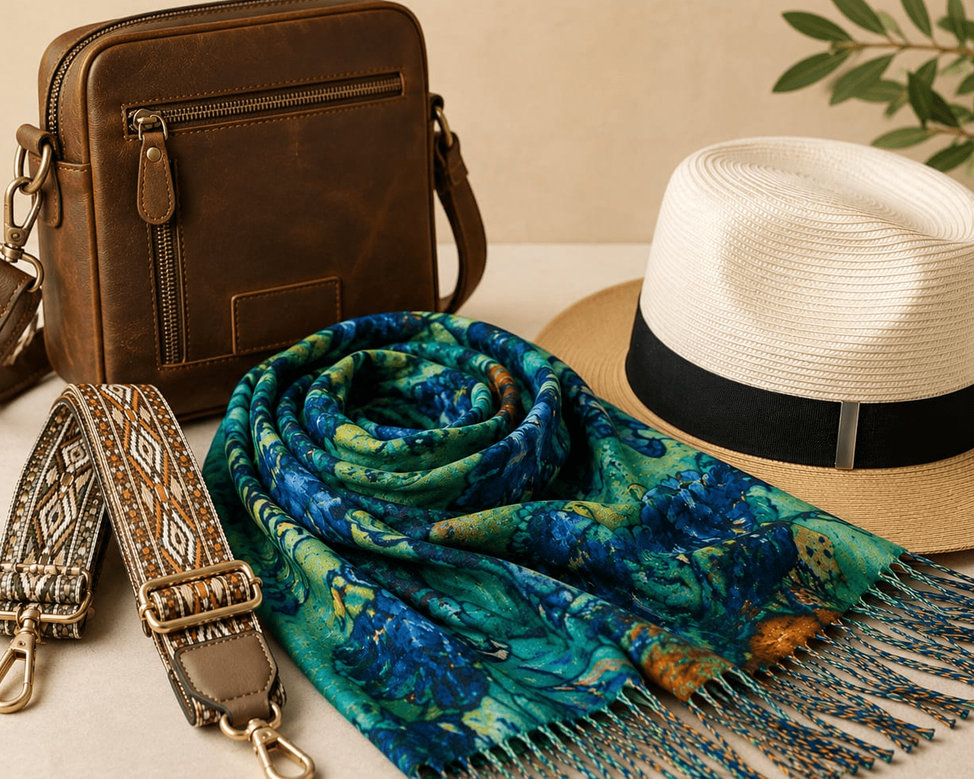 Fashion accessories, leather bags and sun hats