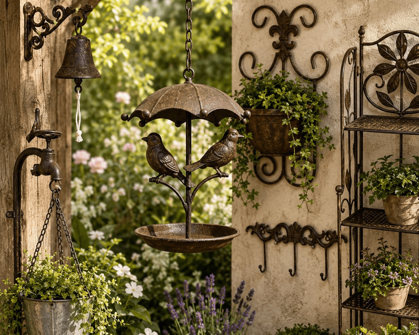 Bird feeders, chimes and iron garden decorations