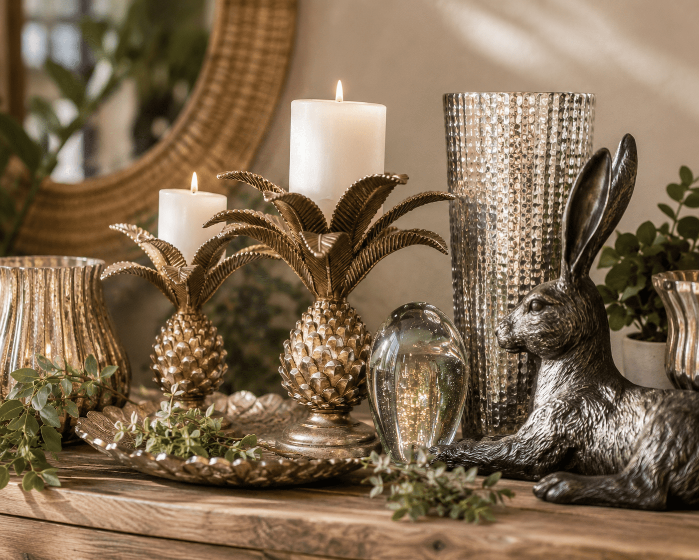 Elegant home décor display with orchids, silver vases and decorative accessories
