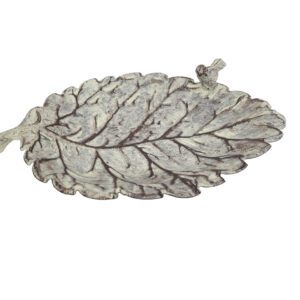 leaf bowl w/bird medium antique grey 23x14x6cm