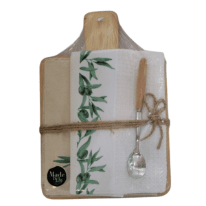 wooden platter with cloth, tea towel & spoon olives