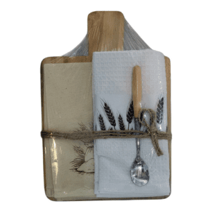 wooden platter with cloth, tea towel & spoon owheat 19x28x5cm