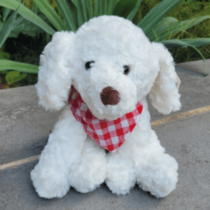 white doggy with checkered red scarf