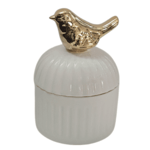 trinket white with white lid & golden bird 8x8x11cm