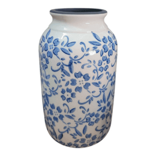 ceramic pot white with with blue floral detail 13x13x22cm