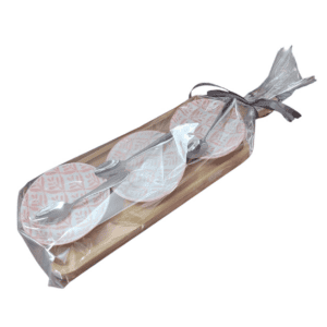 wooden board with 3 orange bowls and silver spoons 14x3x37cm